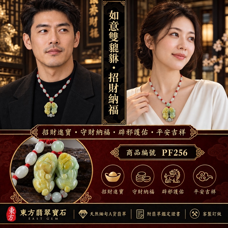 翡翠貔貅項鍊玉珮|天然緬甸A貨翡翠綠色豆糯種帶黃翡雙貔貅玉墜|立體圓雕、淡綠與金黃色翡自然交織、紅色編繩、白灰小珠與灰綠圓珠|寓意招財進寶、守財納福、辟邪護佑、平安吉祥|男女皆宜|商品編號PF256|附中國玉石鑑定所翡翠鑑定證書及東方翡翠寶石保證書 翡翠貔貅項鍊玉珮|天然緬甸A貨翡翠綠色豆糯種帶黃翡雙貔貅玉墜|立體圓雕、淡綠與金黃色翡自然交織、紅色編繩、白灰小珠與灰綠圓珠|寓意招財進寶、守財納福、辟邪護佑、平安吉祥|男女皆宜|商品編號PF256|附中國玉石鑑定所翡翠鑑定證書及東方翡翠寶石保證書