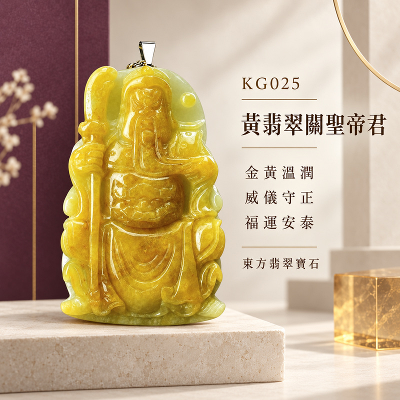 翡翠關聖帝君項鍊玉珮｜關聖帝君持刀鎮守・忠義昭彰・守成聚福・財祿豐盈・基業穩固・正道順行・福澤安泰｜A貨黃翡翠・金黃明潤・色澤溫厚鮮明・玉質潤澤・厚實大器・立體精雕｜緬甸玉關聖帝君玉墜・關聖帝君牌玉珮KG025｜客製化訂做各式翡翠關聖帝君吊墜玉珮項鍊｜附翡翠保證書1
