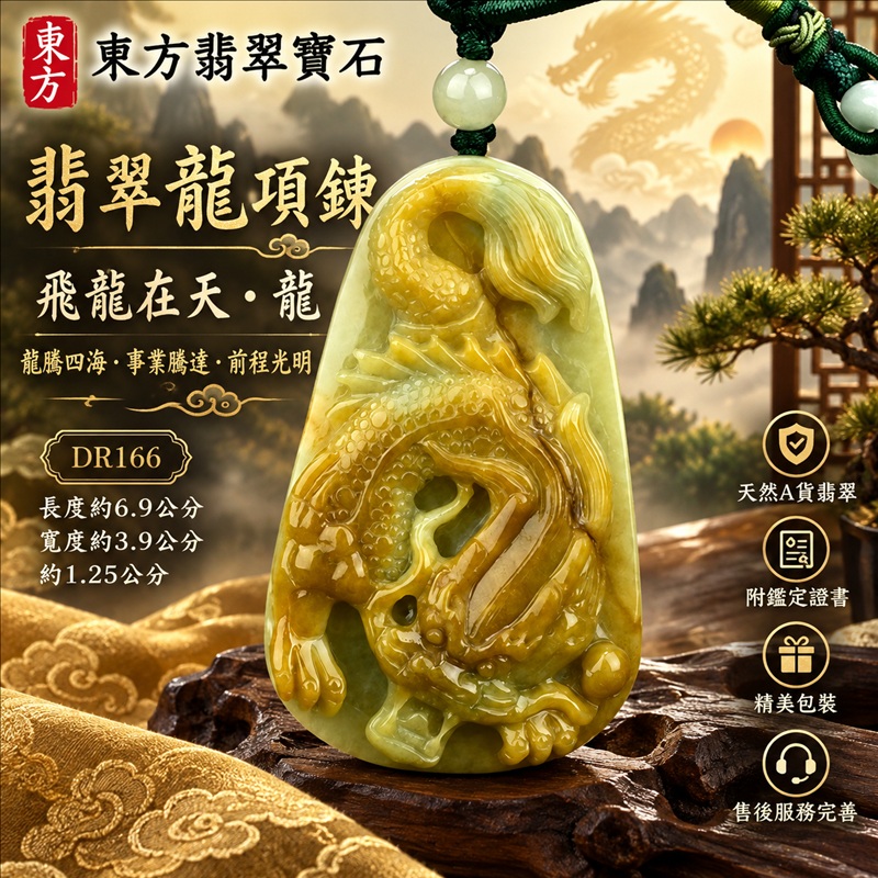 翡翠龍項鍊玉珮｜龍騰四海・事業騰達・前程光明・招財納福・平安吉祥・祥龍瑞氣・吉祥順遂｜天然A貨翡翠・緬甸玉・黃翡｜飛龍在天・龍｜龍玉珮・龍玉墜・龍吊墜・緬甸玉項鍊・A貨翡翠項鍊｜DR166｜男女翡翠項鍊・送禮收藏｜客製化訂做翡翠龍玉珮、翡翠龍玉墜、翡翠龍吊墜、翡翠項鍊玉珮｜附A貨翡翠雙證書・東方翡翠寶石
