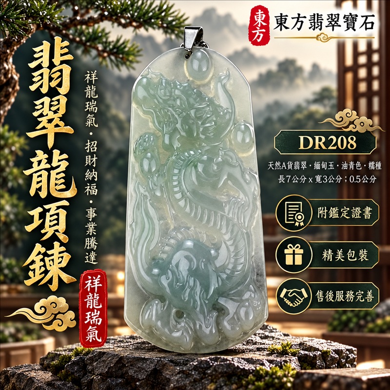 翡翠龍項鍊玉珮｜祥龍瑞氣・招財納福・事業騰達・吉祥順遂・平安守護｜天然A貨翡翠・緬甸玉・油青色・糯種｜祥龍瑞氣｜龍玉珮・龍玉墜・龍吊墜・緬甸玉項鍊・A貨翡翠項鍊｜DR208｜男女翡翠項鍊・送禮收藏｜客製化訂做翡翠龍玉珮、翡翠龍玉墜、翡翠龍吊墜、翡翠項鍊玉珮｜附A貨翡翠雙證書・東方翡翠寶石
