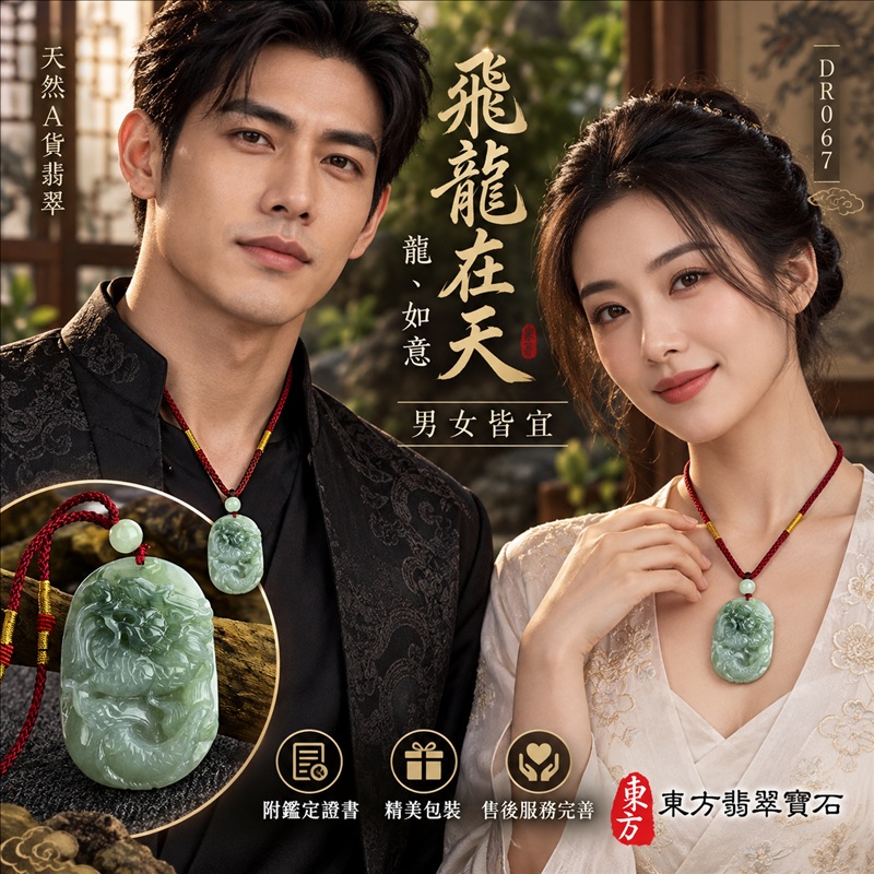 翡翠龍項鍊｜吉祥如意・招財納福・萬事順遂・吉祥圓滿・平安守護・龍騰四海・事業騰達｜天然A貨翡翠・緬甸玉・淺綠色・糯種・飄花｜飛龍在天・龍、如意｜龍玉珮・龍玉墜・龍吊墜・緬甸玉項鍊・A貨翡翠項鍊｜DR067｜男女翡翠項鍊・送禮收藏｜客製化訂做翡翠龍玉珮、翡翠龍玉墜、翡翠龍吊墜、翡翠項鍊玉珮｜附A貨翡翠雙證書・東方翡翠寶石