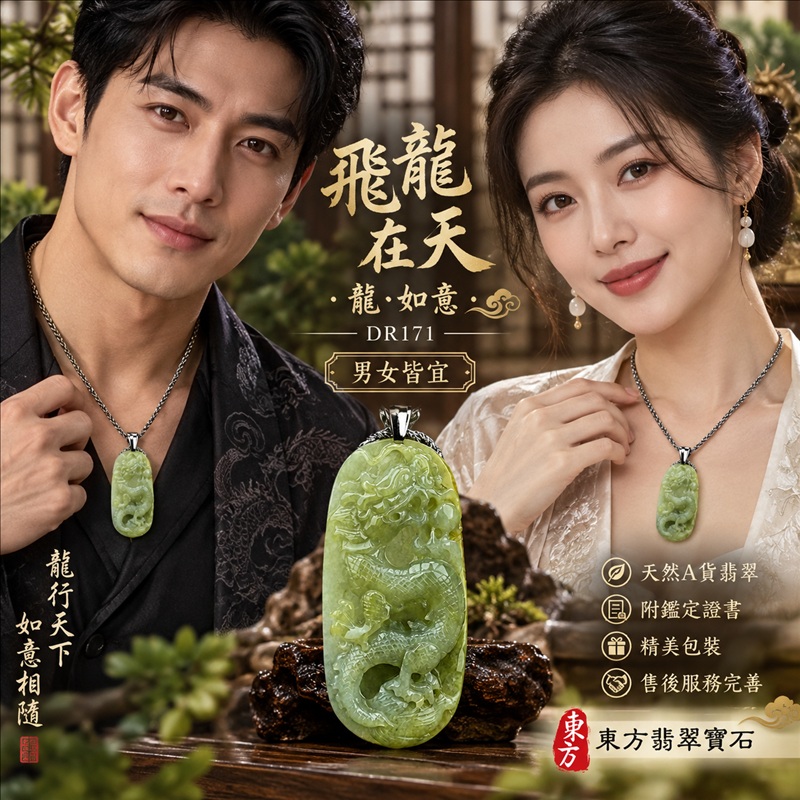 翡翠龍項鍊｜吉祥如意・招財納福・萬事順遂・吉祥圓滿・平安守護・龍騰四海・事業騰達｜天然A貨翡翠・緬甸玉・黃翡・糯種・帶黃翡｜飛龍在天・龍、如意｜龍玉珮・龍玉墜・龍吊墜・緬甸玉項鍊・A貨翡翠項鍊｜DR171｜男女翡翠項鍊・送禮收藏｜客製化訂做翡翠龍玉珮、翡翠龍玉墜、翡翠龍吊墜、翡翠項鍊玉珮｜附A貨翡翠雙證書・東方翡翠寶石