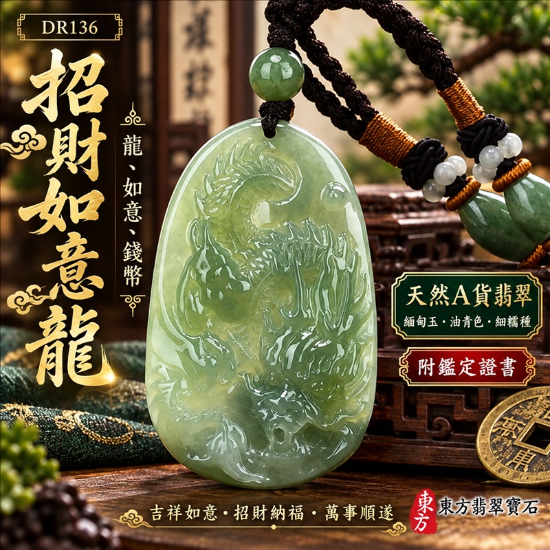 翡翠龍項鍊｜吉祥如意・招財納福・萬事順遂・吉祥圓滿・平安守護・祥龍瑞氣・事業騰達｜天然A貨翡翠・緬甸玉・油青色・細糯種｜招財如意龍・龍、如意、錢幣｜龍玉珮・龍玉墜・龍吊墜・緬甸玉項鍊・A貨翡翠項鍊｜DR136｜男女翡翠項鍊・送禮收藏｜客製化訂做翡翠龍玉珮、翡翠龍玉墜、翡翠龍吊墜、翡翠項鍊玉珮｜附A貨翡翠雙證書・東方翡翠寶石