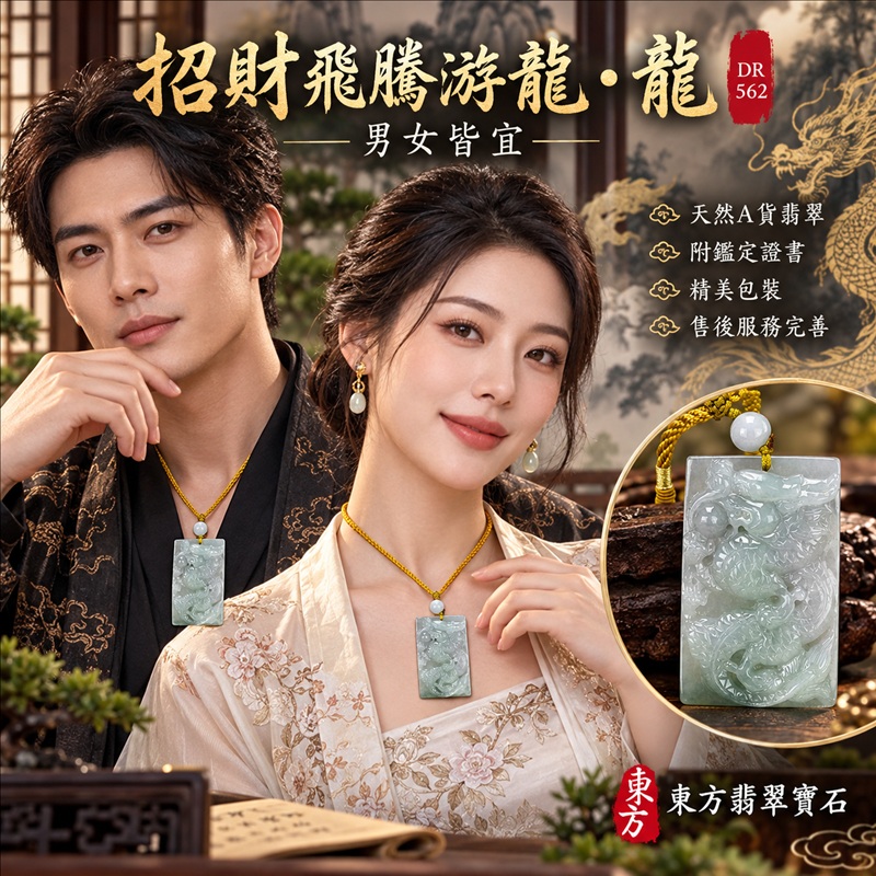翡翠龍項鍊｜龍騰四海・事業騰達・前程光明・招財納福・平安吉祥・祥龍瑞氣・吉祥順遂｜天然A貨翡翠・緬甸玉・天然色澤・糯種｜招財飛騰游龍・龍｜龍玉珮・龍玉墜・龍吊墜・緬甸玉項鍊・A貨翡翠項鍊｜DR562｜男女翡翠項鍊・送禮收藏｜客製化訂做翡翠龍玉珮、翡翠龍玉墜、翡翠龍吊墜、翡翠項鍊玉珮｜附A貨翡翠雙證書・東方翡翠寶石
