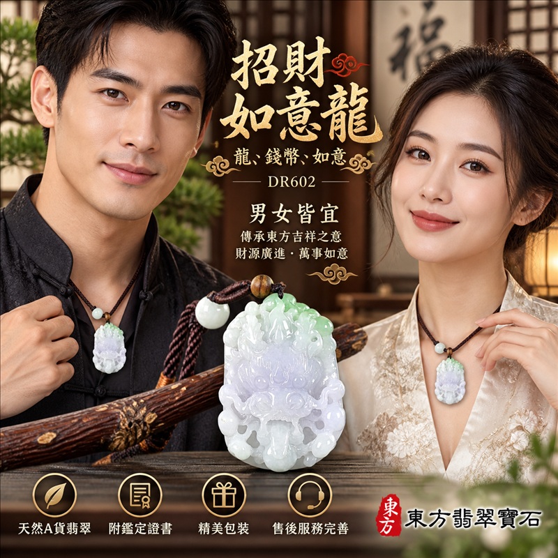 翡翠龍項鍊玉珮｜吉祥如意・招財納福・萬事順遂・吉祥圓滿・平安守護・祥龍瑞氣・事業騰達｜天然A貨翡翠・緬甸玉・紫帶綠｜招財如意龍・龍、錢幣、如意｜龍玉珮・龍玉墜・龍吊墜・緬甸玉項鍊・A貨翡翠項鍊｜DR602｜男女翡翠項鍊・送禮收藏｜客製化訂做翡翠龍玉珮、翡翠龍玉墜、翡翠龍吊墜、翡翠項鍊玉珮｜附A貨翡翠雙證書・東方翡翠寶石