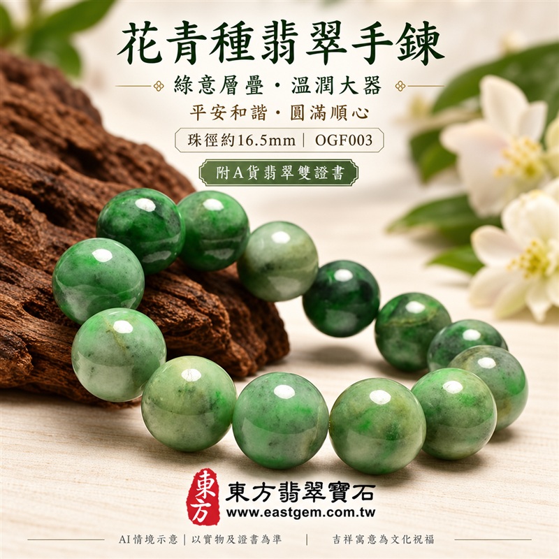 花青種翡翠手鍊・花青種緬甸玉手鍊|綠色花青種翡翠珠子・珠徑約16.5mm大圓珠・深淺綠意交織・圓潤珠形・溫潤光澤・沉穩大器|平安和諧、圓滿順心吉祥寓意|男女個性配戴・生日紀念送禮・自戴珍藏|客製化翡翠手鍊、翡翠手珠、翡翠珠串、翡翠珠子、緬甸玉手鍊、緬甸玉珠串與緬甸玉珠子搭配設計|附A貨翡翠雙證書|OGF003-1 花青種翡翠手鍊・花青種緬甸玉手鍊|綠色花青種翡翠珠子・珠徑約16.5mm大圓珠・深淺綠意交織・圓潤珠形・溫潤光澤・沉穩大器|平安和諧、圓滿順心吉祥寓意|男女個性配戴・生日紀念送禮・自戴珍藏|客製化翡翠手鍊、翡翠手珠、翡翠珠串、翡翠珠子、緬甸玉手鍊、緬甸玉珠串與緬甸玉珠子搭配設計|附A貨翡翠雙證書|OGF003-1