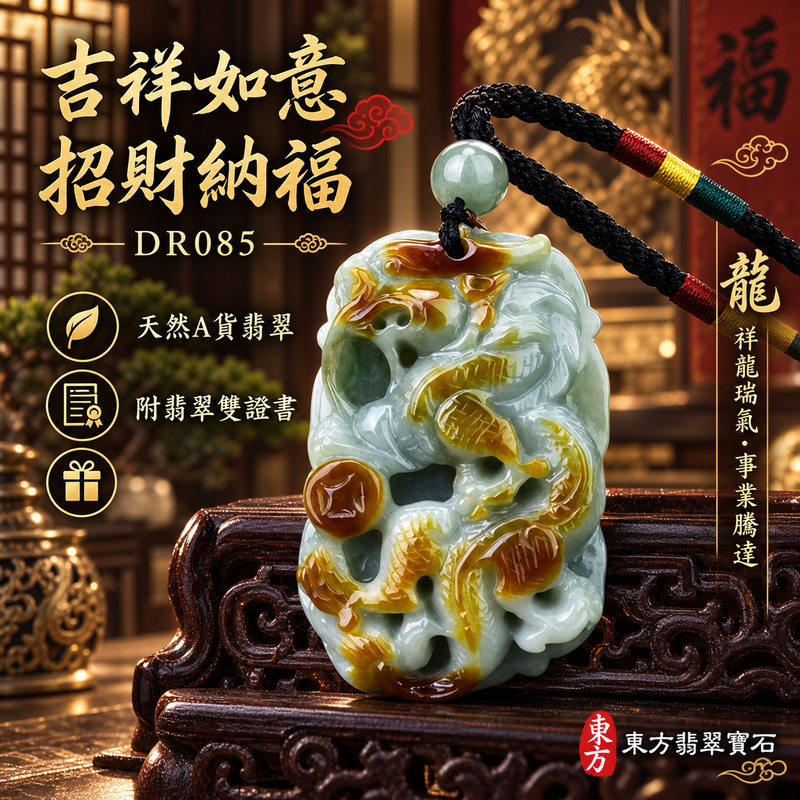 翡翠龍項鍊玉珮｜吉祥如意・招財納福・萬事順遂・吉祥圓滿・平安守護・祥龍瑞氣・事業騰達｜天然A貨翡翠・緬甸玉・油青色・帶紅翡・俏色・仿古｜招財如意龍・龍、錢幣、如意｜龍玉珮・龍玉墜・龍吊墜・緬甸玉項鍊・A貨翡翠項鍊｜DR085｜男女翡翠項鍊・送禮收藏｜客製化訂做翡翠龍玉珮、翡翠龍玉墜、翡翠龍吊墜、翡翠項鍊玉珮｜附A貨翡翠雙證書・東方翡翠寶石