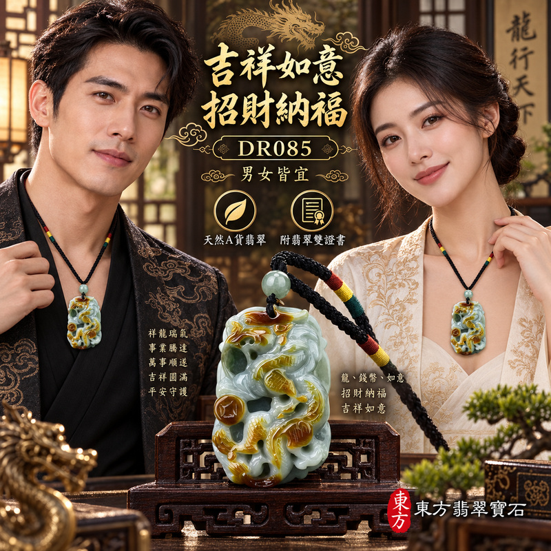 翡翠龍項鍊玉珮｜吉祥如意・招財納福・萬事順遂・吉祥圓滿・平安守護・祥龍瑞氣・事業騰達｜天然A貨翡翠・緬甸玉・油青色・帶紅翡・俏色・仿古｜招財如意龍・龍、錢幣、如意｜龍玉珮・龍玉墜・龍吊墜・緬甸玉項鍊・A貨翡翠項鍊｜DR085｜男女翡翠項鍊・送禮收藏｜客製化訂做翡翠龍玉珮、翡翠龍玉墜、翡翠龍吊墜、翡翠項鍊玉珮｜附A貨翡翠雙證書・東方翡翠寶石