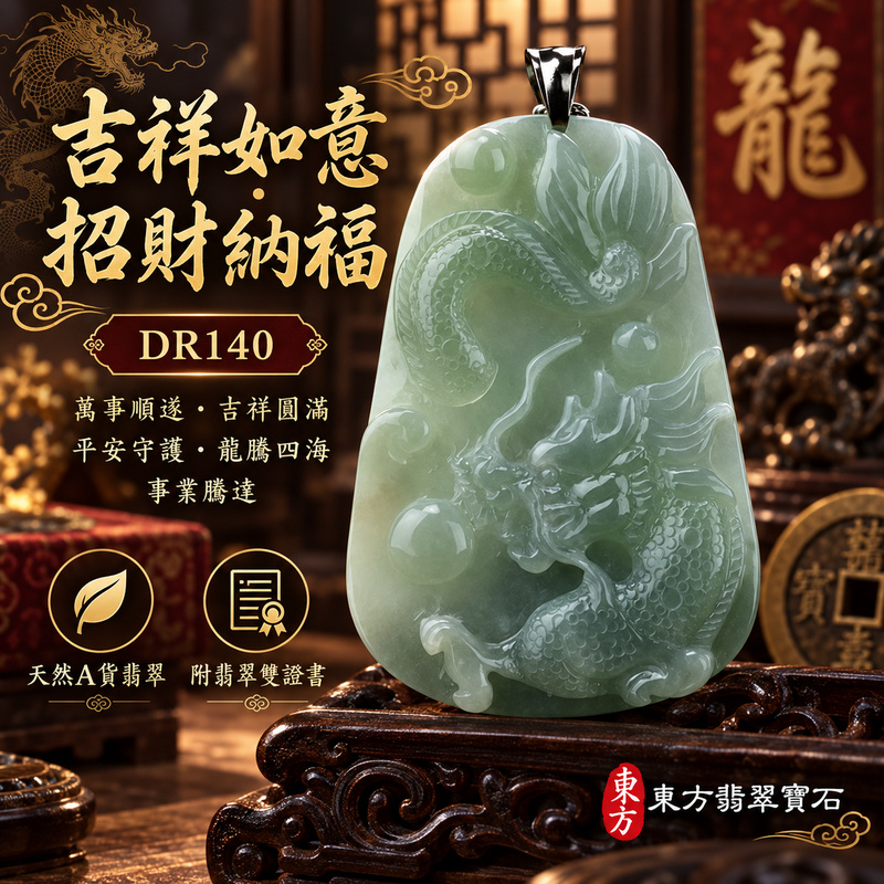 翡翠龍項鍊玉珮｜吉祥如意・招財納福・萬事順遂・吉祥圓滿・平安守護・龍騰四海・事業騰達｜天然A貨翡翠・緬甸玉・天然色澤・糯種｜飛騰游龍・龍、錢幣、如意｜龍玉珮・龍玉墜・龍吊墜・緬甸玉項鍊・A貨翡翠項鍊｜DR140｜男女翡翠項鍊・送禮收藏｜客製化訂做翡翠龍玉珮、翡翠龍玉墜、翡翠龍吊墜、翡翠項鍊玉珮｜附A貨翡翠雙證書・東方翡翠寶石