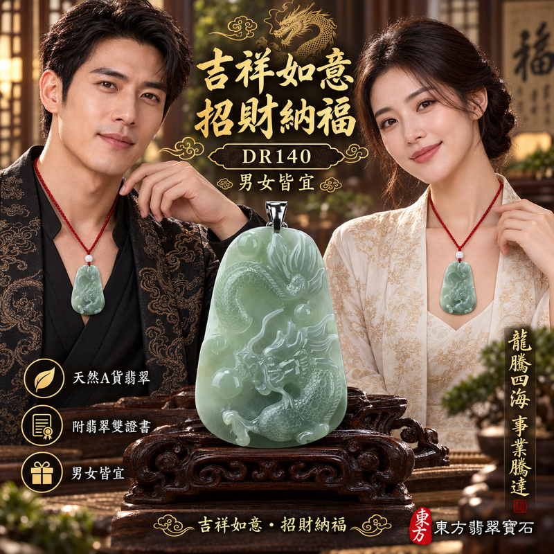 翡翠龍項鍊玉珮｜吉祥如意・招財納福・萬事順遂・吉祥圓滿・平安守護・龍騰四海・事業騰達｜天然A貨翡翠・緬甸玉・天然色澤・糯種｜飛騰游龍・龍、錢幣、如意｜龍玉珮・龍玉墜・龍吊墜・緬甸玉項鍊・A貨翡翠項鍊｜DR140｜男女翡翠項鍊・送禮收藏｜客製化訂做翡翠龍玉珮、翡翠龍玉墜、翡翠龍吊墜、翡翠項鍊玉珮｜附A貨翡翠雙證書・東方翡翠寶石