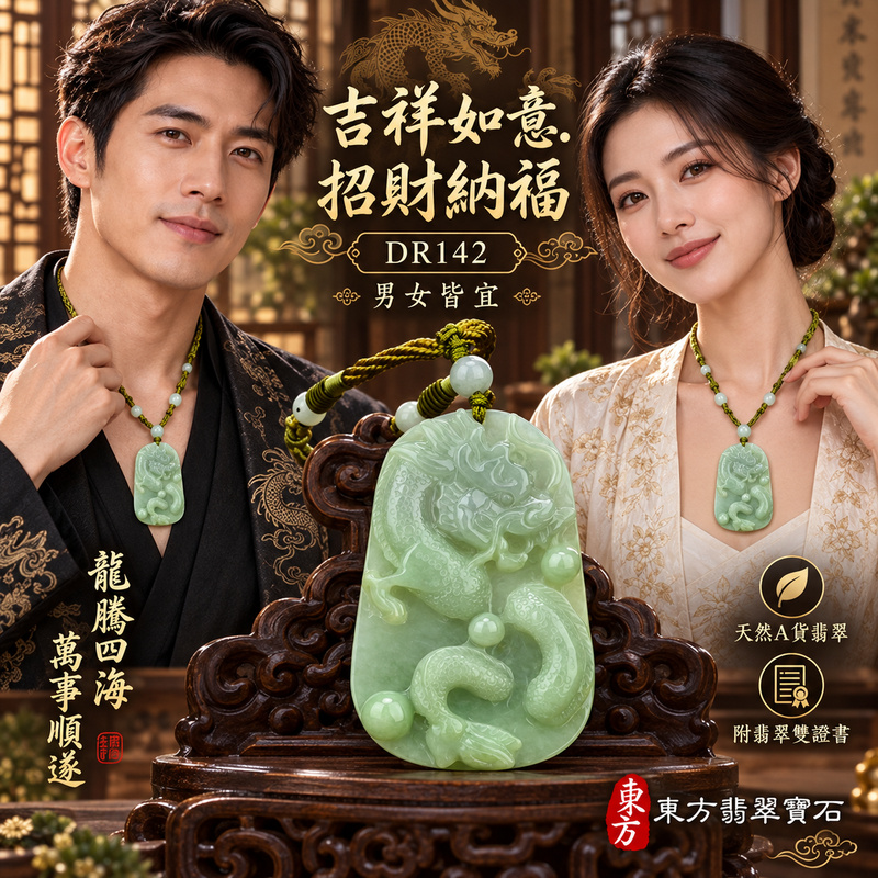 翡翠龍項鍊玉珮｜吉祥如意・招財納福・萬事順遂・吉祥圓滿・平安守護・龍騰四海・事業騰達｜天然A貨翡翠・緬甸玉・天然色澤・糯豆種｜飛騰游龍・龍、錢幣、如意｜龍玉珮・龍玉墜・龍吊墜・緬甸玉項鍊・A貨翡翠項鍊｜DR142｜男女翡翠項鍊・送禮收藏｜客製化訂做翡翠龍玉珮、翡翠龍玉墜、翡翠龍吊墜、翡翠項鍊玉珮｜附A貨翡翠雙證書・東方翡翠寶石