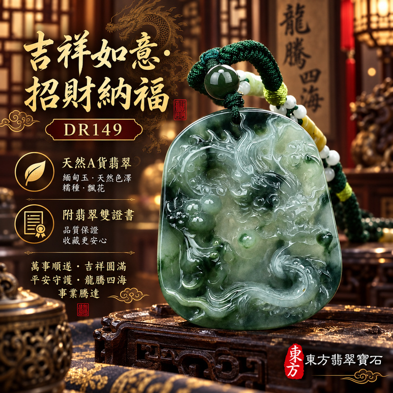 翡翠龍項鍊玉珮｜吉祥如意・招財納福・萬事順遂・吉祥圓滿・平安守護・龍騰四海・事業騰達｜天然A貨翡翠・緬甸玉・天然色澤・糯種・飄花｜飛騰游龍・龍、如意、錢幣｜龍玉珮・龍玉墜・龍吊墜・緬甸玉項鍊・A貨翡翠項鍊｜DR149｜男女翡翠項鍊・送禮收藏｜客製化訂做翡翠龍玉珮、翡翠龍玉墜、翡翠龍吊墜、翡翠項鍊玉珮｜附A貨翡翠雙證書・東方翡翠寶石