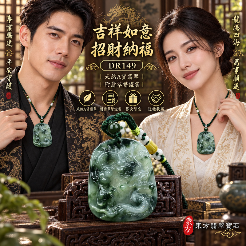 翡翠龍項鍊玉珮｜吉祥如意・招財納福・萬事順遂・吉祥圓滿・平安守護・龍騰四海・事業騰達｜天然A貨翡翠・緬甸玉・天然色澤・糯種・飄花｜飛騰游龍・龍、如意、錢幣｜龍玉珮・龍玉墜・龍吊墜・緬甸玉項鍊・A貨翡翠項鍊｜DR149｜男女翡翠項鍊・送禮收藏｜客製化訂做翡翠龍玉珮、翡翠龍玉墜、翡翠龍吊墜、翡翠項鍊玉珮｜附A貨翡翠雙證書・東方翡翠寶石