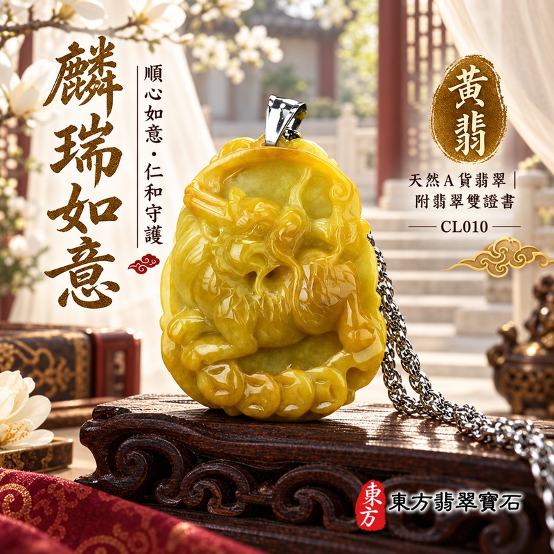 已售出可訂做｜翡翠麒麟項鍊玉珮｜神獸獻瑞・祥瑞富貴・招福納祥・事業順遂・平安守護・吉祥如意・萬事順遂｜天然A貨翡翠・緬甸玉・黃翡・黃翡種｜富貴麒麟帶如意｜麒麟玉珮・麒麟玉墜・麒麟吊墜・翡翠麒麟牌・緬甸玉項鍊・A貨翡翠項鍊｜CL010｜男女翡翠項鍊・送禮收藏｜客製化訂做翡翠麒麟玉珮、翡翠麒麟玉墜、翡翠麒麟吊墜、翡翠項鍊玉珮｜附A貨翡翠雙證書・東方翡翠寶石
