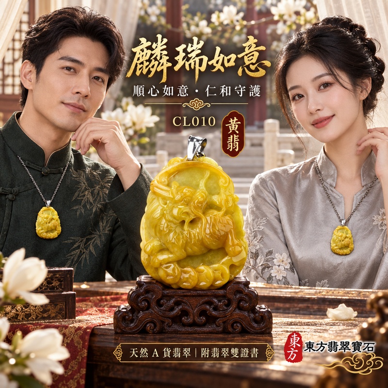 已售出可訂做｜翡翠麒麟項鍊玉珮｜神獸獻瑞・祥瑞富貴・招福納祥・事業順遂・平安守護・吉祥如意・萬事順遂｜天然A貨翡翠・緬甸玉・黃翡・黃翡種｜富貴麒麟帶如意｜麒麟玉珮・麒麟玉墜・麒麟吊墜・翡翠麒麟牌・緬甸玉項鍊・A貨翡翠項鍊｜CL010｜男女翡翠項鍊・送禮收藏｜客製化訂做翡翠麒麟玉珮、翡翠麒麟玉墜、翡翠麒麟吊墜、翡翠項鍊玉珮｜附A貨翡翠雙證書・東方翡翠寶石