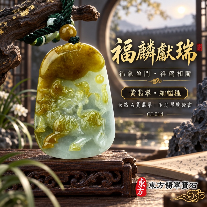 已售出可訂做｜翡翠麒麟項鍊玉珮｜神獸獻瑞・祥瑞富貴・招福納祥・事業順遂・平安守護・福氣臨門・吉祥如意｜天然A貨翡翠・緬甸玉・黃翡翠・細糯種・糯種｜富貴麒麟帶蝙蝠與如意｜麒麟玉珮・麒麟玉墜・麒麟吊墜・翡翠麒麟牌・緬甸玉項鍊・A貨翡翠項鍊｜CL014｜男女翡翠項鍊・送禮收藏｜客製化訂做翡翠麒麟玉珮、翡翠麒麟玉墜、翡翠麒麟吊墜、翡翠項鍊玉珮｜附A貨翡翠雙證書・東方翡翠寶石
