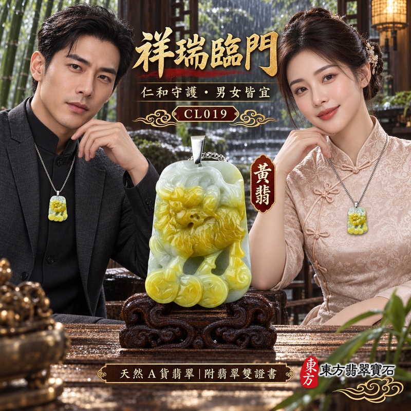 翡翠麒麟項鍊玉珮｜神獸獻瑞・祥瑞富貴・招福納祥・事業順遂・平安守護・吉祥如意・萬事順遂｜天然A貨翡翠・緬甸玉・黃翡｜麒麟｜麒麟玉珮・麒麟玉墜・麒麟吊墜・翡翠麒麟牌・緬甸玉項鍊・A貨翡翠項鍊｜CL019｜男女翡翠項鍊・送禮收藏｜客製化訂做翡翠麒麟玉珮、翡翠麒麟玉墜、翡翠麒麟吊墜、翡翠項鍊玉珮｜附A貨翡翠雙證書・東方翡翠寶石