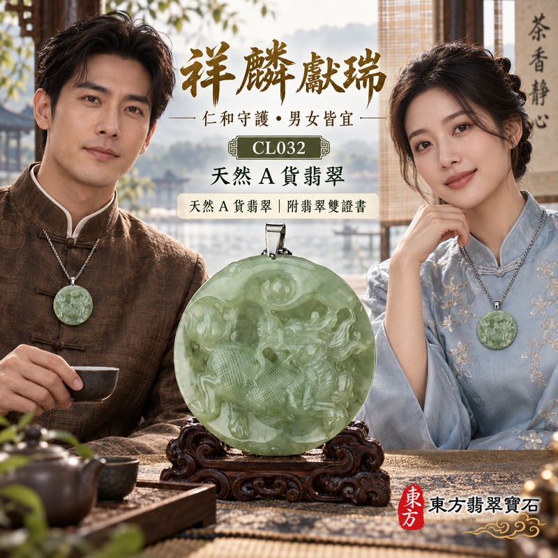已售出可訂做｜翡翠麒麟項鍊玉珮｜神獸獻瑞・祥瑞富貴・招福納祥・事業順遂・平安守護｜天然A貨翡翠・緬甸玉・淺綠色・糯種｜神獸獻瑞｜麒麟玉珮・麒麟玉墜・麒麟吊墜・翡翠麒麟牌・緬甸玉項鍊・A貨翡翠項鍊｜CL032｜男女翡翠項鍊・送禮收藏｜客製化訂做翡翠麒麟玉珮、翡翠麒麟玉墜、翡翠麒麟吊墜、翡翠項鍊玉珮｜附A貨翡翠雙證書・東方翡翠寶石