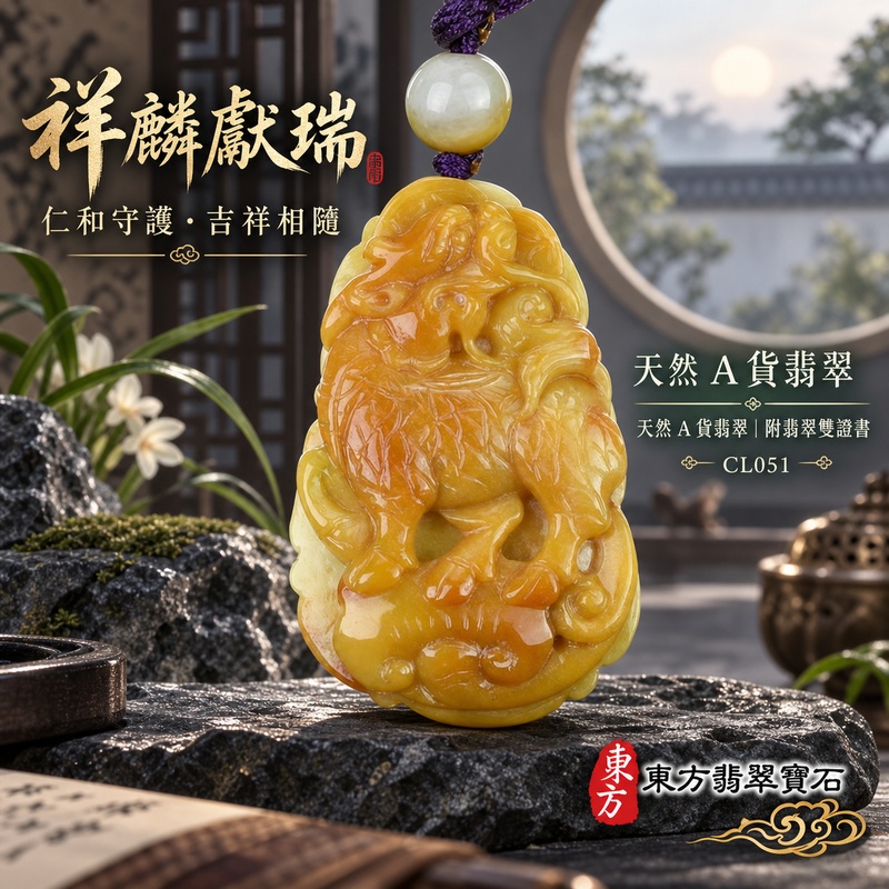 已售出可訂做｜翡翠麒麟項鍊玉珮｜神獸獻瑞・祥瑞富貴・招福納祥・事業順遂・平安守護｜天然A貨翡翠・緬甸玉・黃翡｜神獸獻瑞｜麒麟玉珮・麒麟玉墜・麒麟吊墜・翡翠麒麟牌・緬甸玉項鍊・A貨翡翠項鍊｜CL051｜男女翡翠項鍊・送禮收藏｜客製化訂做翡翠麒麟玉珮、翡翠麒麟玉墜、翡翠麒麟吊墜、翡翠項鍊玉珮｜附A貨翡翠雙證書・東方翡翠寶石