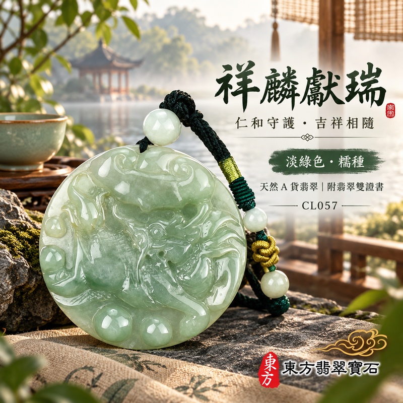 翡翠麒麟項鍊玉珮｜神獸獻瑞・祥瑞富貴・招福納祥・事業順遂・平安守護｜天然A貨翡翠・緬甸玉・淡綠色・糯種｜神獸獻瑞｜麒麟玉珮・麒麟玉墜・麒麟吊墜・翡翠麒麟牌・緬甸玉項鍊・A貨翡翠項鍊｜CL057｜男女翡翠項鍊・送禮收藏｜客製化訂做翡翠麒麟玉珮、翡翠麒麟玉墜、翡翠麒麟吊墜、翡翠項鍊玉珮｜附A貨翡翠雙證書・東方翡翠寶石