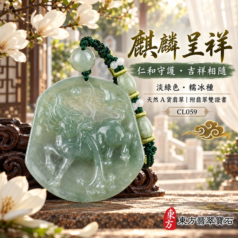 翡翠麒麟項鍊玉珮｜神獸獻瑞・祥瑞富貴・招福納祥・事業順遂・平安守護｜天然A貨翡翠・緬甸玉・淡綠色・糯冰種｜神獸獻瑞｜麒麟玉珮・麒麟玉墜・麒麟吊墜・翡翠麒麟牌・緬甸玉項鍊・A貨翡翠項鍊｜CL059｜男女翡翠項鍊・送禮收藏｜客製化訂做翡翠麒麟玉珮、翡翠麒麟玉墜、翡翠麒麟吊墜、翡翠項鍊玉珮｜附A貨翡翠雙證書・東方翡翠寶石
