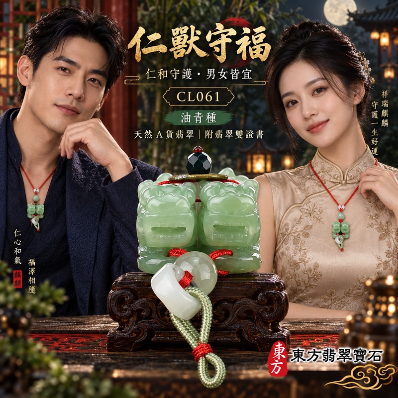 翡翠麒麟項鍊玉珮｜神獸獻瑞・祥瑞富貴・招福納祥・事業順遂・平安守護｜天然A貨翡翠・緬甸玉・油青・油青種｜神獸獻瑞｜麒麟玉珮・麒麟玉墜・麒麟吊墜・翡翠麒麟牌・緬甸玉項鍊・A貨翡翠項鍊｜CL061｜男女翡翠項鍊・送禮收藏｜客製化訂做翡翠麒麟玉珮、翡翠麒麟玉墜、翡翠麒麟吊墜、翡翠項鍊玉珮｜附A貨翡翠雙證書・東方翡翠寶石