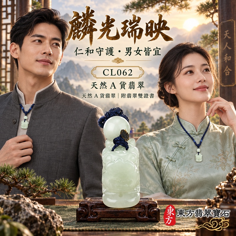 已售出可訂做｜翡翠麒麟項鍊玉珮｜神獸獻瑞・祥瑞富貴・招福納祥・事業順遂・平安守護｜天然A貨翡翠・緬甸玉・淡綠色・糯種｜神獸獻瑞｜麒麟玉珮・麒麟玉墜・麒麟吊墜・翡翠麒麟牌・緬甸玉項鍊・A貨翡翠項鍊｜CL062｜男女翡翠項鍊・送禮收藏｜客製化訂做翡翠麒麟玉珮、翡翠麒麟玉墜、翡翠麒麟吊墜、翡翠項鍊玉珮｜附A貨翡翠雙證書・東方翡翠寶石