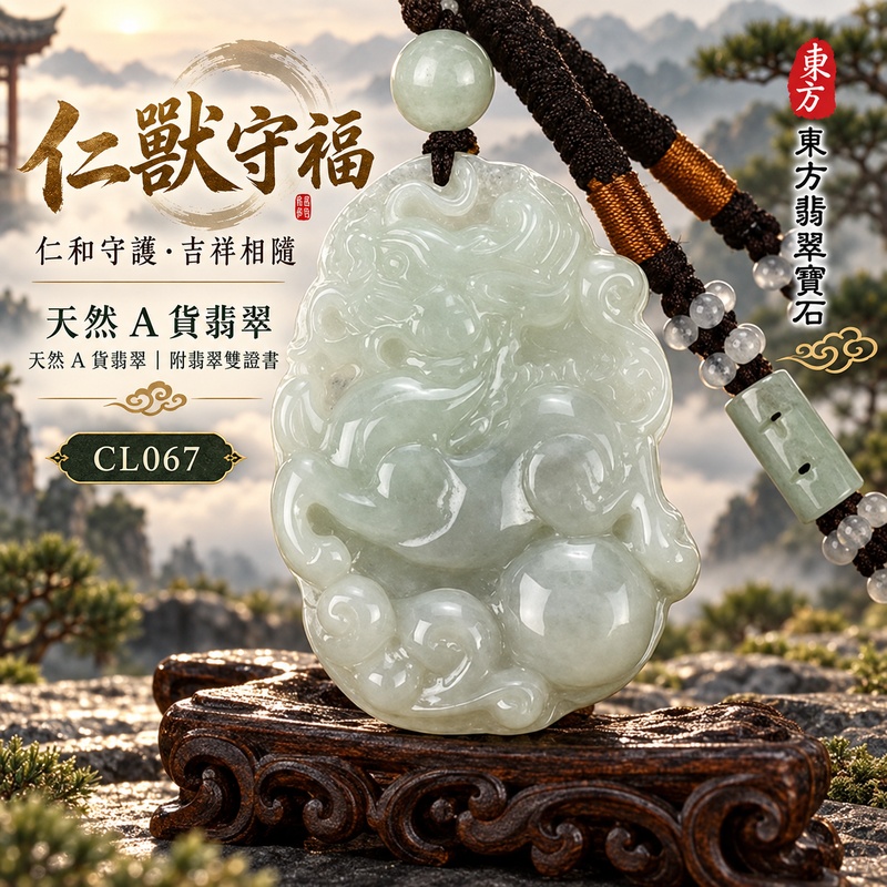 已售出可訂做｜翡翠麒麟項鍊玉珮｜神獸獻瑞・祥瑞富貴・招福納祥・事業順遂・平安守護｜天然A貨翡翠・緬甸玉・淡綠色・糯種｜神獸獻瑞｜麒麟玉珮・麒麟玉墜・麒麟吊墜・翡翠麒麟牌・緬甸玉項鍊・A貨翡翠項鍊｜CL067｜男女翡翠項鍊・送禮收藏｜客製化訂做翡翠麒麟玉珮、翡翠麒麟玉墜、翡翠麒麟吊墜、翡翠項鍊玉珮｜附A貨翡翠雙證書・東方翡翠寶石