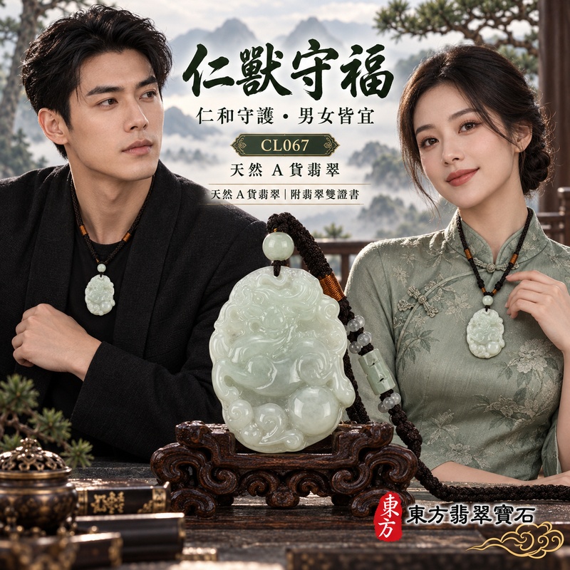已售出可訂做｜翡翠麒麟項鍊玉珮｜神獸獻瑞・祥瑞富貴・招福納祥・事業順遂・平安守護｜天然A貨翡翠・緬甸玉・淡綠色・糯種｜神獸獻瑞｜麒麟玉珮・麒麟玉墜・麒麟吊墜・翡翠麒麟牌・緬甸玉項鍊・A貨翡翠項鍊｜CL067｜男女翡翠項鍊・送禮收藏｜客製化訂做翡翠麒麟玉珮、翡翠麒麟玉墜、翡翠麒麟吊墜、翡翠項鍊玉珮｜附A貨翡翠雙證書・東方翡翠寶石