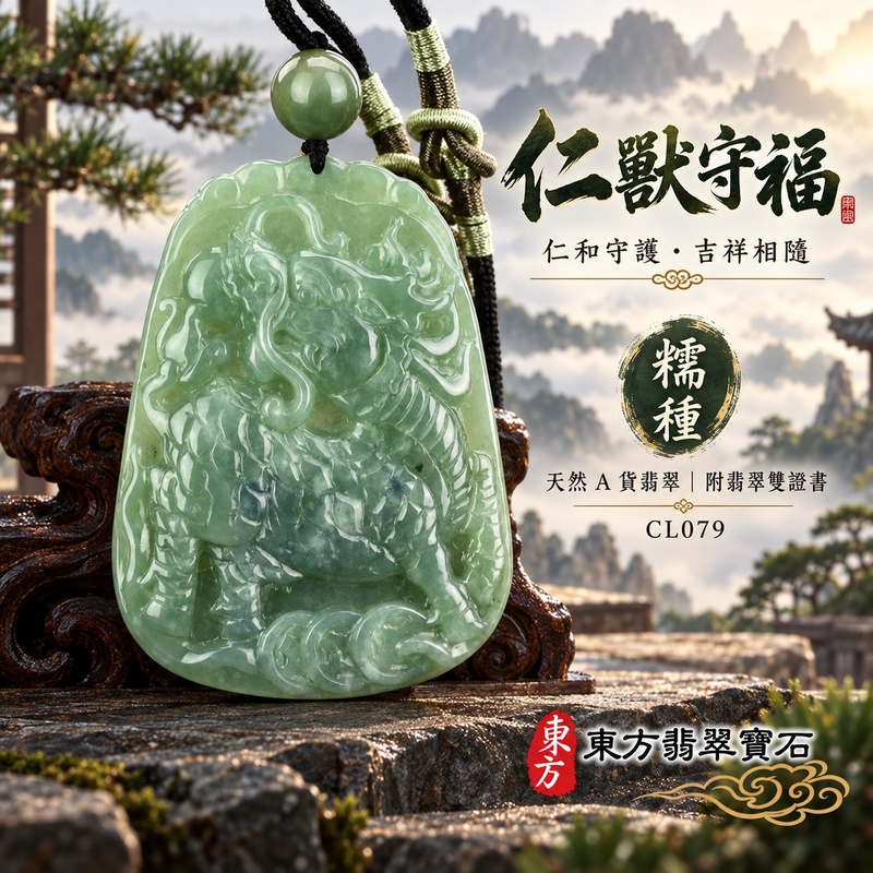 翡翠麒麟項鍊玉珮｜神獸獻瑞・祥瑞富貴・招福納祥・事業順遂・平安守護｜天然A貨翡翠・緬甸玉・綠色・糯種｜神獸獻瑞｜麒麟玉珮・麒麟玉墜・麒麟吊墜・翡翠麒麟牌・緬甸玉項鍊・A貨翡翠項鍊｜CL079｜男女翡翠項鍊・送禮收藏｜客製化訂做翡翠麒麟玉珮、翡翠麒麟玉墜、翡翠麒麟吊墜、翡翠項鍊玉珮｜附A貨翡翠雙證書・東方翡翠寶石