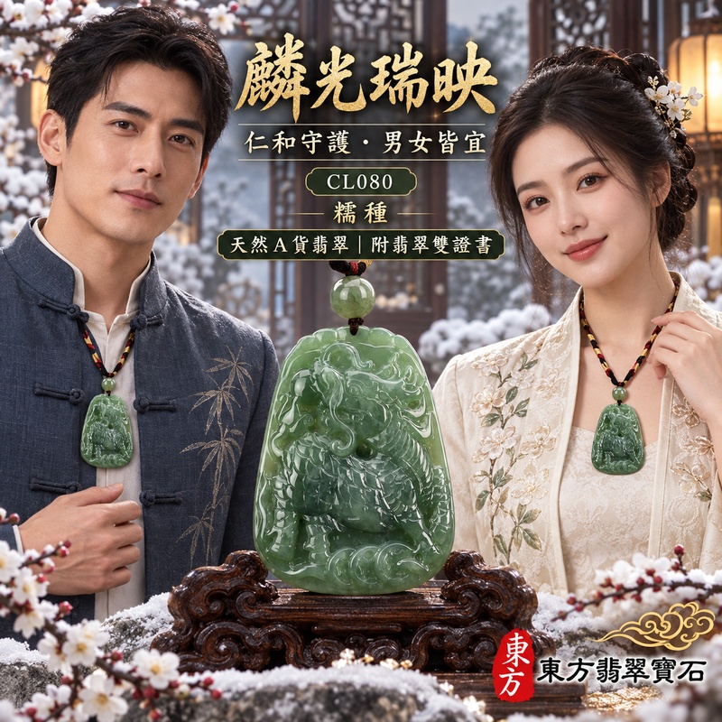 翡翠麒麟項鍊玉珮｜神獸獻瑞・祥瑞富貴・招福納祥・事業順遂・平安守護・招財進寶・財源廣進｜天然A貨翡翠・緬甸玉・綠色・糯種｜神獸獻瑞｜麒麟玉珮・麒麟玉墜・麒麟吊墜・翡翠麒麟牌・緬甸玉項鍊・A貨翡翠項鍊｜CL080｜男女翡翠項鍊・送禮收藏｜客製化訂做翡翠麒麟玉珮、翡翠麒麟玉墜、翡翠麒麟吊墜、翡翠項鍊玉珮｜附A貨翡翠雙證書・東方翡翠寶石