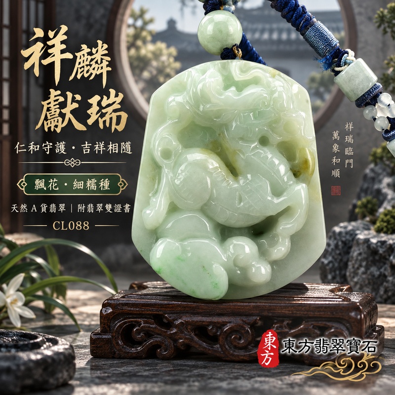 翡翠麒麟項鍊玉珮｜神獸獻瑞・祥瑞富貴・招福納祥・事業順遂・平安守護｜天然A貨翡翠・緬甸玉・綠色・細糯種・糯種・帶飄花｜神獸獻瑞｜麒麟玉珮・麒麟玉墜・麒麟吊墜・翡翠麒麟牌・緬甸玉項鍊・A貨翡翠項鍊｜CL088｜男女翡翠項鍊・送禮收藏｜客製化訂做翡翠麒麟玉珮、翡翠麒麟玉墜、翡翠麒麟吊墜、翡翠項鍊玉珮｜附A貨翡翠雙證書・東方翡翠寶石