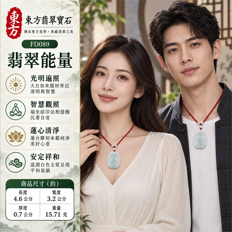 白色糯種圓角長方牌大日如來端坐蓮台雙手結印翡翠玉珮紅色編繩白色珠飾項鍊｜光明遍照・智慧觀照・蓮心清淨・安定祥和・平安祝福・圓融順遂｜溫潤細膩白色玉質・柔和圓角長方牌型・正面大日如來立體雕刻・背面大日如來文字雕刻・頂孔穿繩・紅色編繩・白色圓珠與短筒珠飾｜天然A貨翡翠・產地緬甸・白色糯種｜商品代碼FD089｜附中國玉石鑑定所與東方翡翠寶石雙證書 2