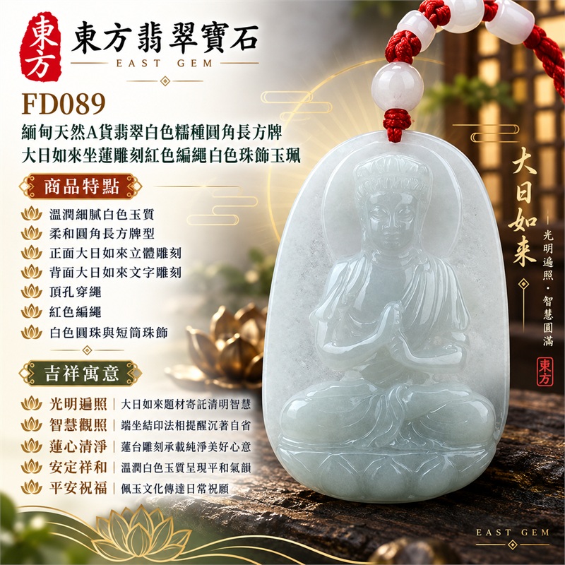 白色糯種圓角長方牌大日如來端坐蓮台雙手結印翡翠玉珮紅色編繩白色珠飾項鍊｜光明遍照・智慧觀照・蓮心清淨・安定祥和・平安祝福・圓融順遂｜溫潤細膩白色玉質・柔和圓角長方牌型・正面大日如來立體雕刻・背面大日如來文字雕刻・頂孔穿繩・紅色編繩・白色圓珠與短筒珠飾｜天然A貨翡翠・產地緬甸・白色糯種｜商品代碼FD089｜附中國玉石鑑定所與東方翡翠寶石雙證書 1