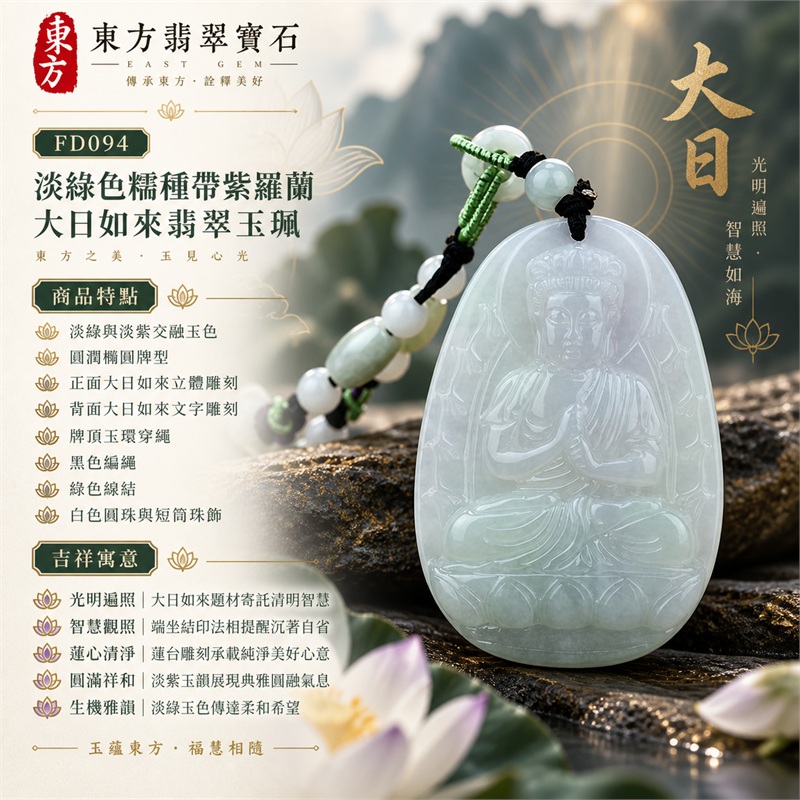 淡綠色糯種帶紫羅蘭圓潤橢圓牌大日如來端坐蓮台雙手結印翡翠玉珮黑色編繩白色珠飾項鍊|光明遍照・智慧觀照・蓮心清淨・圓滿祥和・平安祝福・生機雅韻|淡綠與淡紫交融玉色・圓潤橢圓牌型・正面大日如來立體雕刻・背面大日如來文字雕刻・牌頂玉環穿繩・黑色編繩・綠色線結・白色圓珠與短筒珠飾|天然A貨翡翠・產地緬甸・淡綠糯種帶紫羅蘭|商品代碼FD094|附中國玉石鑑定所與東方翡翠寶石雙證書 1 淡綠色糯種帶紫羅蘭圓潤橢圓牌大日如來端坐蓮台雙手結印翡翠玉珮黑色編繩白色珠飾項鍊|光明遍照・智慧觀照・蓮心清淨・圓滿祥和・平安祝福・生機雅韻|淡綠與淡紫交融玉色・圓潤橢圓牌型・正面大日如來立體雕刻・背面大日如來文字雕刻・牌頂玉環穿繩・黑色編繩・綠色線結・白色圓珠與短筒珠飾|天然A貨翡翠・產地緬甸・淡綠糯種帶紫羅蘭|商品代碼FD094|附中國玉石鑑定所與東方翡翠寶石雙證書 1