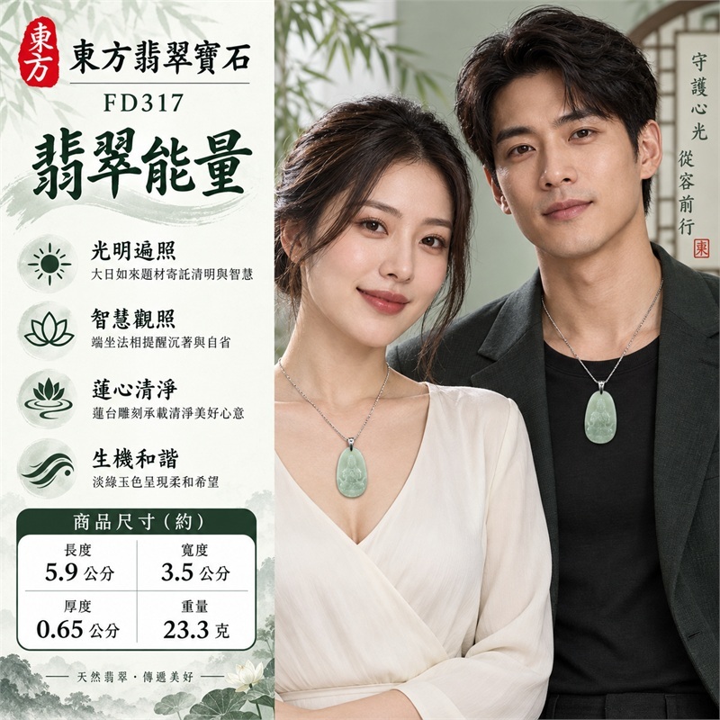 淡綠色糯種圓潤長橢圓牌大日如來端坐蓮台翡翠玉珮銀色金屬吊頭鏈條項鍊｜光明智慧・清淨安定・慈悲祥和・平安守護・福慧圓滿・圓融順遂｜柔潤細膩淡綠玉質・長橢圓牌型・正面大日如來立體雕刻・牌緣細緻圓點紋飾・背面素面・銀色金屬吊頭・銀色鏈條｜天然A貨翡翠・產地緬甸・淡綠色糯種｜商品代碼FD317｜日常佩戴與觀音文化禮贈選擇｜附中國玉石鑑定所與東方翡翠寶石雙證書 2