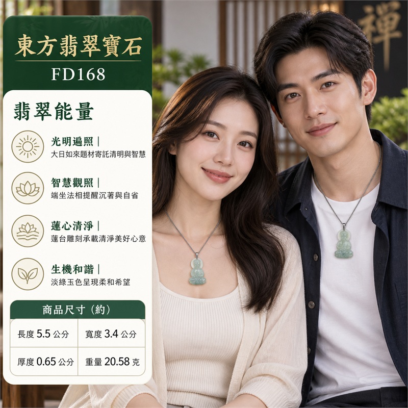 淡綠色糯種撒金花大日如來端坐蓮台翡翠玉珮銀灰色金屬吊頭鏈條項鍊|光明遍照・智慧觀照・蓮心清淨・福慧圓滿・平安守護・安定祥和・慈悲善念・心境澄明・納福安泰・圓融順遂・吉祥如意・平安順心|天然淡綠玉質・糯種質感・撒金花紋理・大日如來立體人物輪廓・正面端坐蓮台雕刻・圓形背光與蓮座結構・背面簡潔浮雕輪廓・銀灰色金屬吊頭與鏈條|天然A貨翡翠・產地緬甸・淡綠色糯種|商品代碼FD168|日常佩戴與觀音文化禮贈選擇|附中國玉石鑑定所與東方翡翠寶石雙證書 2 淡綠色糯種撒金花大日如來端坐蓮台翡翠玉珮銀灰色金屬吊頭鏈條項鍊|光明遍照・智慧觀照・蓮心清淨・福慧圓滿・平安守護・安定祥和・慈悲善念・心境澄明・納福安泰・圓融順遂・吉祥如意・平安順心|天然淡綠玉質・糯種質感・撒金花紋理・大日如來立體人物輪廓・正面端坐蓮台雕刻・圓形背光與蓮座結構・背面簡潔浮雕輪廓・銀灰色金屬吊頭與鏈條|天然A貨翡翠・產地緬甸・淡綠色糯種|商品代碼FD168|日常佩戴與觀音文化禮贈選擇|附中國玉石鑑定所與東方翡翠寶石雙證書 2