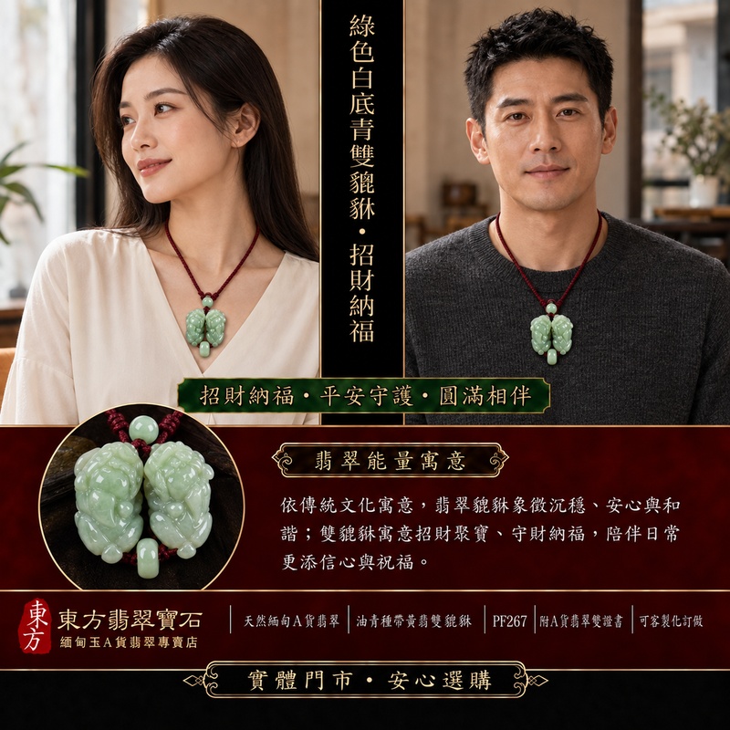 天然緬甸A貨翡翠綠色白底青種雙貔貅項鍊玉珮｜招財進寶・守財納福・辟邪護佑・平安吉祥｜公母貔貅成對雕刻玉墜｜酒紅色編繩，搭配淡綠圓珠與灰綠長橢圓珠｜附中國玉石鑑定所證書與東方翡翠寶石保證書｜商品編號PF267｜可客製化訂做翡翠吊墜玉珮項鍊
