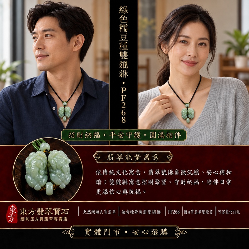 天然緬甸A貨翡翠綠色細豆種帶飄花雙貔貅項鍊玉珮|招財進寶・守財納福・辟邪護佑・平安吉祥|公母貔貅成對雕刻玉墜|黑色編繩,搭配鏤空圓珠、綠色繩結與灰綠圓珠|附中國玉石鑑定所證書與東方翡翠寶石保證書|商品編號PF268|可客製化訂做翡翠吊墜玉珮項鍊 天然緬甸A貨翡翠綠色細豆種帶飄花雙貔貅項鍊玉珮|招財進寶・守財納福・辟邪護佑・平安吉祥|公母貔貅成對雕刻玉墜|黑色編繩,搭配鏤空圓珠、綠色繩結與灰綠圓珠|附中國玉石鑑定所證書與東方翡翠寶石保證書|商品編號PF268|可客製化訂做翡翠吊墜玉珮項鍊