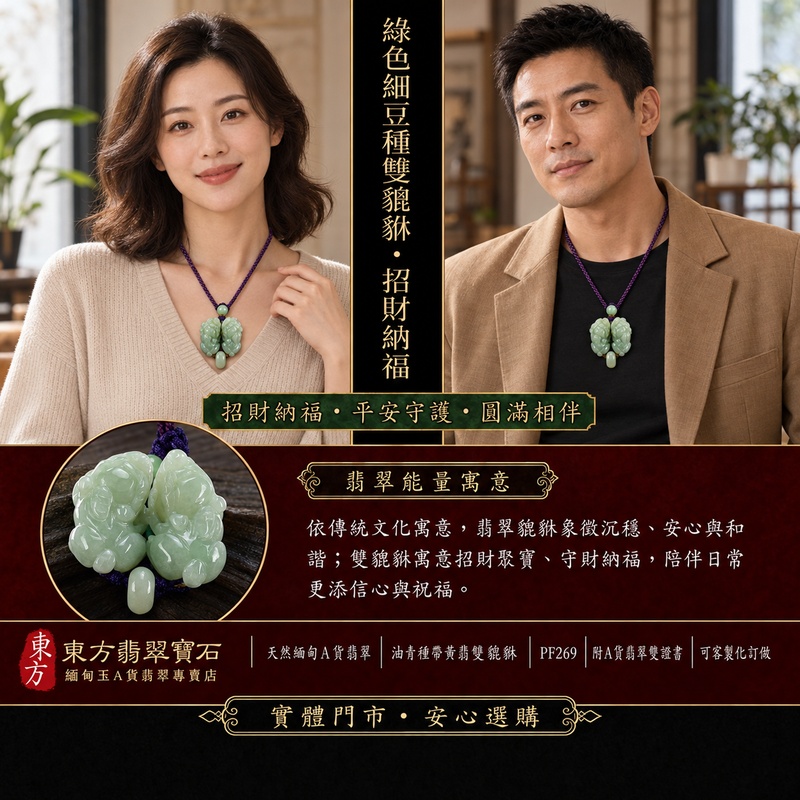 天然緬甸A貨翡翠綠色細豆種雙貔貅項鍊玉珮|招財進寶・守財納福・辟邪護佑・平安吉祥|公母貔貅成對雕刻玉墜|紫色編繩,搭配淡綠長橢圓珠|附中國玉石鑑定所證書與東方翡翠寶石保證書|商品編號PF269|可客製化訂做翡翠吊墜玉珮項鍊 天然緬甸A貨翡翠綠色細豆種雙貔貅項鍊玉珮|招財進寶・守財納福・辟邪護佑・平安吉祥|公母貔貅成對雕刻玉墜|紫色編繩,搭配淡綠長橢圓珠|附中國玉石鑑定所證書與東方翡翠寶石保證書|商品編號PF269|可客製化訂做翡翠吊墜玉珮項鍊