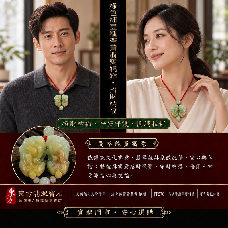 天然緬甸A貨翡翠綠色細豆種帶黃翡雙貔貅項鍊玉珮｜招財進寶・守財納福・辟邪護佑・平安吉祥｜公母貔貅成對雕刻玉墜｜紅色編繩，搭配灰綠圓珠與灰白小珠｜附中國玉石鑑定所證書與東方翡翠寶石保證書｜商品編號PF270｜可客製化訂做翡翠吊墜玉珮項鍊