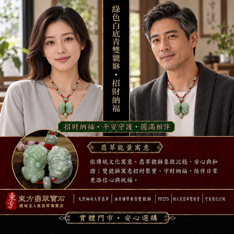 天然緬甸A貨翡翠綠色白底青種雙貔貅項鍊玉珮|招財進寶・守財納福・辟邪護佑・平安吉祥|公母貔貅成對雕刻玉墜|紅色編繩,搭配灰綠圓珠、粉白灰綠串珠與灰綠長橢圓珠|附中國玉石鑑定所證書與東方翡翠寶石保證書|商品編號PF275|可客製化訂做翡翠吊墜玉珮項鍊 天然緬甸A貨翡翠綠色白底青種雙貔貅項鍊玉珮|招財進寶・守財納福・辟邪護佑・平安吉祥|公母貔貅成對雕刻玉墜|紅色編繩,搭配灰綠圓珠、粉白灰綠串珠與灰綠長橢圓珠|附中國玉石鑑定所證書與東方翡翠寶石保證書|商品編號PF275|可客製化訂做翡翠吊墜玉珮項鍊