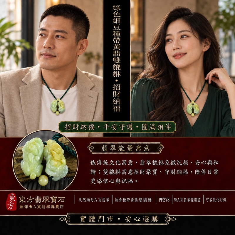 天然緬甸A貨翡翠綠色細豆種帶黃翡雙貔貅項鍊玉珮|招財進寶・守財納福・辟邪護佑・平安吉祥|公母貔貅成對雕刻玉墜|深綠色編繩,搭配黃色圓珠|附中國玉石鑑定所證書與東方翡翠寶石保證書|商品編號PF278|可客製化訂做翡翠吊墜玉珮項鍊 天然緬甸A貨翡翠綠色細豆種帶黃翡雙貔貅項鍊玉珮|招財進寶・守財納福・辟邪護佑・平安吉祥|公母貔貅成對雕刻玉墜|深綠色編繩,搭配黃色圓珠|附中國玉石鑑定所證書與東方翡翠寶石保證書|商品編號PF278|可客製化訂做翡翠吊墜玉珮項鍊