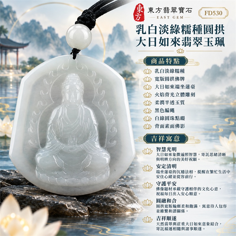 翡翠大日如來項鍊玉珮|智慧光明・安定清明・守護平安・圓融和合・吉祥順遂|乳白淡綠糯種・寬版圓拱佛牌・大日如來端坐蓮臺・火焰背光立體雕刻・柔潤半透玉質・黑色編繩・白綠圓珠點綴・背面素面佛影|天然A貨翡翠・緬甸玉|東方翡翠寶石商品代碼 FD530|提供同題材翡翠大日如來玉珮客製諮詢|附中國玉石鑑定所 GS18011100517 與東方翡翠寶石 FD530 雙證書 1 翡翠大日如來項鍊玉珮|智慧光明・安定清明・守護平安・圓融和合・吉祥順遂|乳白淡綠糯種・寬版圓拱佛牌・大日如來端坐蓮臺・火焰背光立體雕刻・柔潤半透玉質・黑色編繩・白綠圓珠點綴・背面素面佛影|天然A貨翡翠・緬甸玉|東方翡翠寶石商品代碼 FD530|提供同題材翡翠大日如來玉珮客製諮詢|附中國玉石鑑定所 GS18011100517 與東方翡翠寶石 FD530 雙證書 1