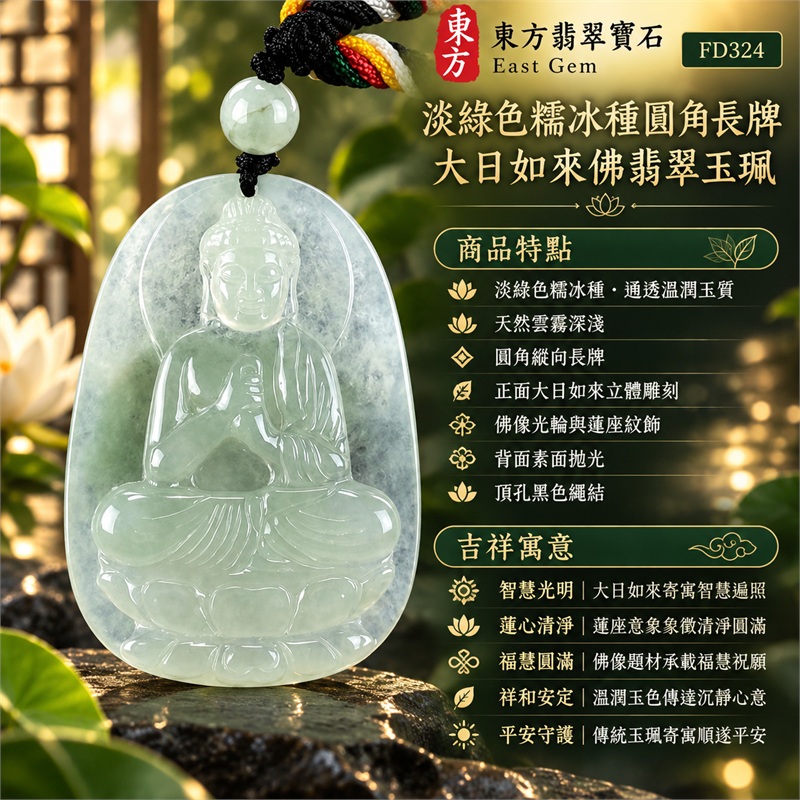 翡翠大日如來佛項鍊玉珮|智慧光明・蓮心清淨・福慧圓滿・祥和安定・平安守護・順心如意|淡綠色糯冰種・通透溫潤玉質・天然雲霧深淺・圓角縱向長牌・正面大日如來立體雕刻・佛像光輪與蓮座紋飾・背面素面拋光・頂孔黑色繩結・單顆淡綠圓珠・多色纏繩|天然A貨緬甸翡翠|淡綠色糯冰種大日如來佛吊墜玉珮項鍊FD324|日常佩戴與觀音文化禮贈選擇|附中國玉石鑑定所與東方翡翠寶石雙證書 1 翡翠大日如來佛項鍊玉珮|智慧光明・蓮心清淨・福慧圓滿・祥和安定・平安守護・順心如意|淡綠色糯冰種・通透溫潤玉質・天然雲霧深淺・圓角縱向長牌・正面大日如來立體雕刻・佛像光輪與蓮座紋飾・背面素面拋光・頂孔黑色繩結・單顆淡綠圓珠・多色纏繩|天然A貨緬甸翡翠|淡綠色糯冰種大日如來佛吊墜玉珮項鍊FD324|日常佩戴與觀音文化禮贈選擇|附中國玉石鑑定所與東方翡翠寶石雙證書 1