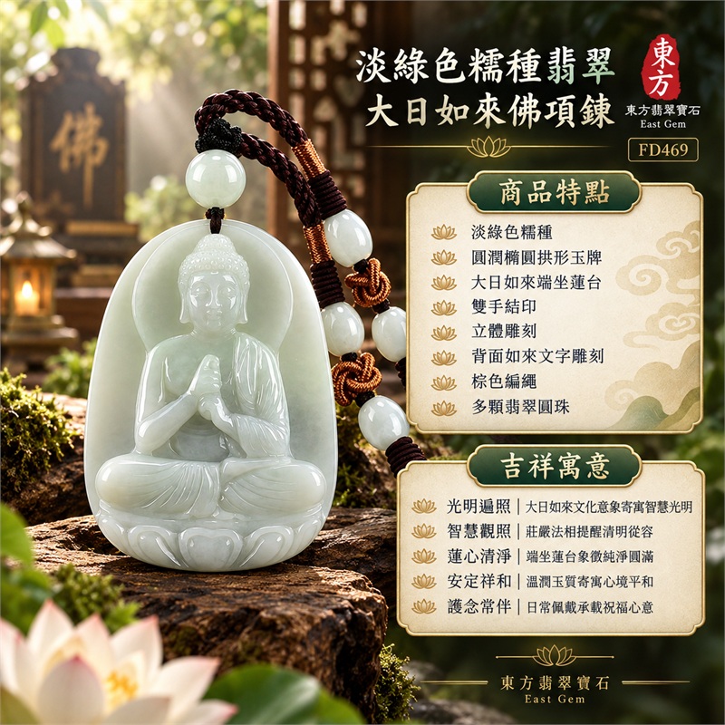 翡翠大日如來佛項鍊玉珮|光明遍照・智慧觀照・蓮心清淨・安定祥和・圓滿順遂・護念常伴|淡綠色糯種・圓潤橢圓拱形玉牌・大日如來端坐蓮台・雙手結印・立體雕刻・背面如來文字雕刻・棕色編繩・多顆翡翠圓珠・橙棕盤長結・天然色澤・溫潤玉質|天然A貨緬甸翡翠淡綠糯種玉牌|商品代碼FD469|附中國玉石鑑定所與東方翡翠寶石雙證書 1 翡翠大日如來佛項鍊玉珮|光明遍照・智慧觀照・蓮心清淨・安定祥和・圓滿順遂・護念常伴|淡綠色糯種・圓潤橢圓拱形玉牌・大日如來端坐蓮台・雙手結印・立體雕刻・背面如來文字雕刻・棕色編繩・多顆翡翠圓珠・橙棕盤長結・天然色澤・溫潤玉質|天然A貨緬甸翡翠淡綠糯種玉牌|商品代碼FD469|附中國玉石鑑定所與東方翡翠寶石雙證書 1