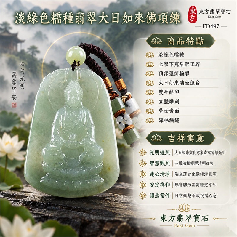 翡翠大日如來佛項鍊玉珮|光明遍照・智慧觀照・蓮心清淨・安定祥和・圓滿順遂・護念常伴|淡綠色糯種・上窄下寬盾形玉牌・頂部蓮瓣輪廓・大日如來端坐蓮台・雙手結印・立體雕刻・背面素面・深棕編繩・淡綠圓珠・綠白方珠・白色小圓珠裝飾|天然A貨緬甸翡翠淡綠糯種玉牌|商品代碼FD497|附中國玉石鑑定所與東方翡翠寶石雙證書 1 翡翠大日如來佛項鍊玉珮|光明遍照・智慧觀照・蓮心清淨・安定祥和・圓滿順遂・護念常伴|淡綠色糯種・上窄下寬盾形玉牌・頂部蓮瓣輪廓・大日如來端坐蓮台・雙手結印・立體雕刻・背面素面・深棕編繩・淡綠圓珠・綠白方珠・白色小圓珠裝飾|天然A貨緬甸翡翠淡綠糯種玉牌|商品代碼FD497|附中國玉石鑑定所與東方翡翠寶石雙證書 1