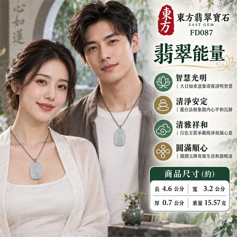 翡翠大日如來佛項鍊玉珮|光明遍照・智慧觀照・蓮心清淨・安定祥和・平安護念・圓滿順遂|白色糯種・圓角長方玉牌・大日如來端坐蓮台・雙手結印・圓形光背・立體雕刻・法衣蓮瓣細節・背面如來文字雕刻・銀色金屬吊頭・銀色方節鍊|天然A貨緬甸翡翠白色糯種玉牌|商品代碼FD087|附中國玉石鑑定所與東方翡翠寶石雙證書 2 翡翠大日如來佛項鍊玉珮|光明遍照・智慧觀照・蓮心清淨・安定祥和・平安護念・圓滿順遂|白色糯種・圓角長方玉牌・大日如來端坐蓮台・雙手結印・圓形光背・立體雕刻・法衣蓮瓣細節・背面如來文字雕刻・銀色金屬吊頭・銀色方節鍊|天然A貨緬甸翡翠白色糯種玉牌|商品代碼FD087|附中國玉石鑑定所與東方翡翠寶石雙證書 2