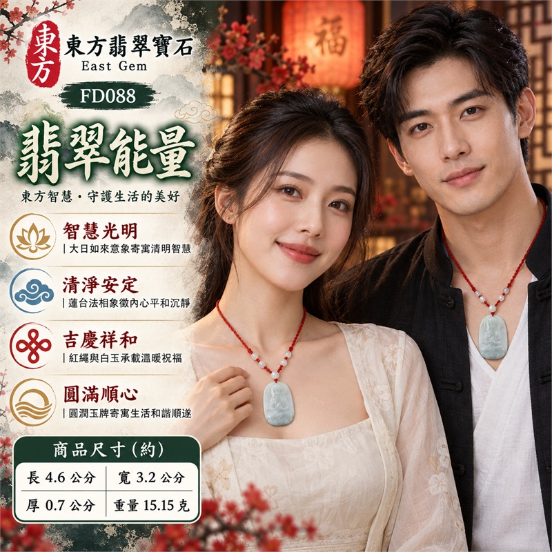 翡翠大日如來佛玉珮項鍊｜光明遍照・智慧觀照・蓮心清淨・平安護念・吉慶祥和・圓滿順遂｜白色糯種・圓角長方玉牌・大日如來端坐蓮台・雙手結印・圓形光背・立體雕刻・法衣蓮瓣細節・背面如來文字雕刻・紅色手工編繩・白色圓珠・淡綠玉珠｜天然A貨緬甸翡翠白色糯種玉牌｜商品代碼FD088｜附中國玉石鑑定所與東方翡翠寶石雙證書 2