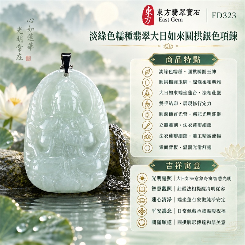 翡翠大日如來佛項鍊玉珮|光明遍照・智慧觀照・蓮心清淨・平安護念・清雅祥和・圓滿順遂|淡綠色糯種・圓拱橢圓玉牌・大日如來端坐蓮台・雙手結印・圓潤佛首光背・立體雕刻・法衣蓮瓣細節・素面背板・銀色金屬吊頭・銀色鍊條|天然A貨緬甸翡翠淡綠糯種玉牌|商品代碼FD323|附中國玉石鑑定所與東方翡翠寶石雙證書 1 翡翠大日如來佛項鍊玉珮|光明遍照・智慧觀照・蓮心清淨・平安護念・清雅祥和・圓滿順遂|淡綠色糯種・圓拱橢圓玉牌・大日如來端坐蓮台・雙手結印・圓潤佛首光背・立體雕刻・法衣蓮瓣細節・素面背板・銀色金屬吊頭・銀色鍊條|天然A貨緬甸翡翠淡綠糯種玉牌|商品代碼FD323|附中國玉石鑑定所與東方翡翠寶石雙證書 1